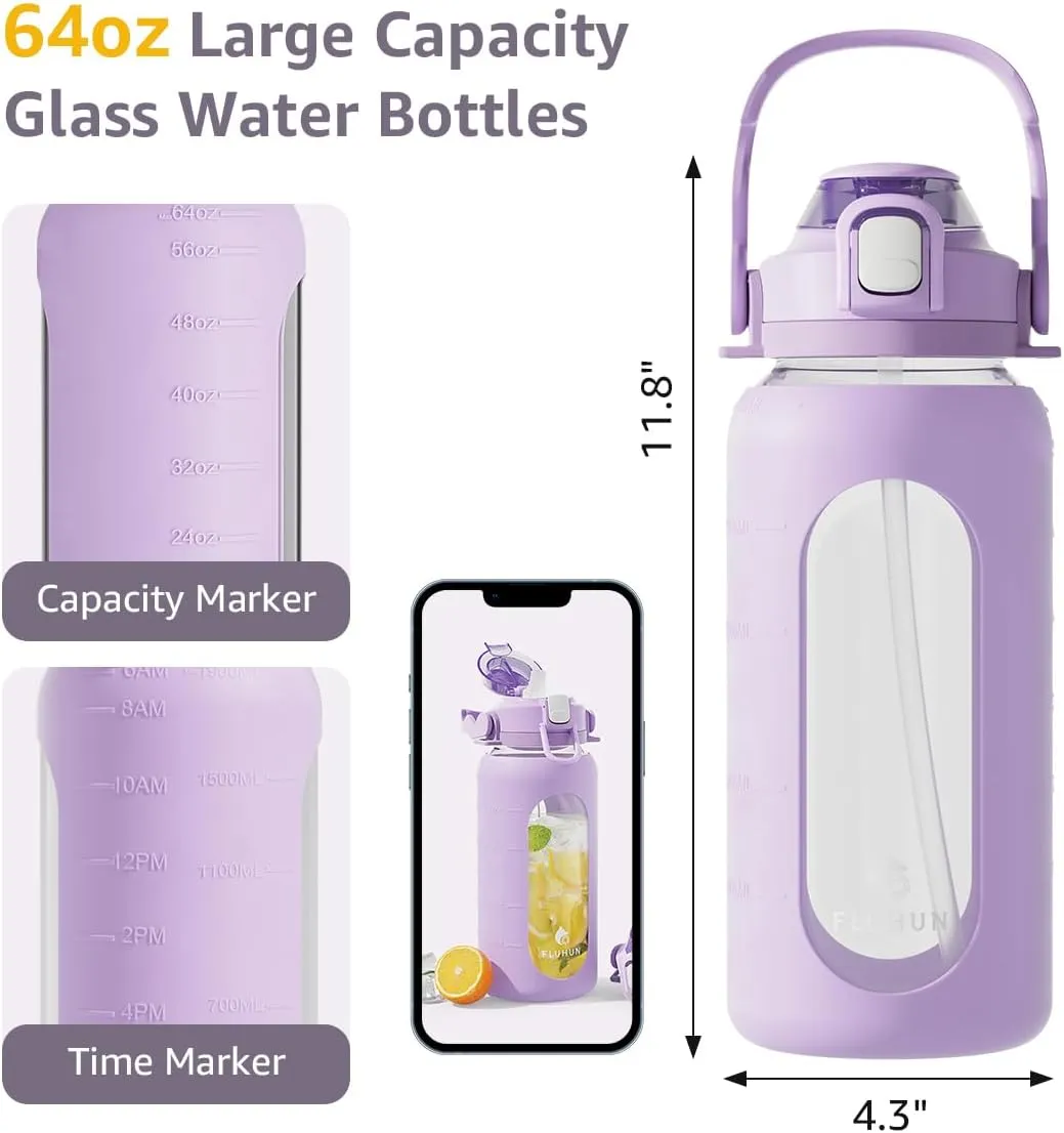 64Oz Glass Water Bottles with Straw Lid and Handle, Half Gallon Water Bottle Glass with Silicone Sleeve and Strap, Motivational Glass Bottle with Time Marker, Large Sport Water Jug (Purple)