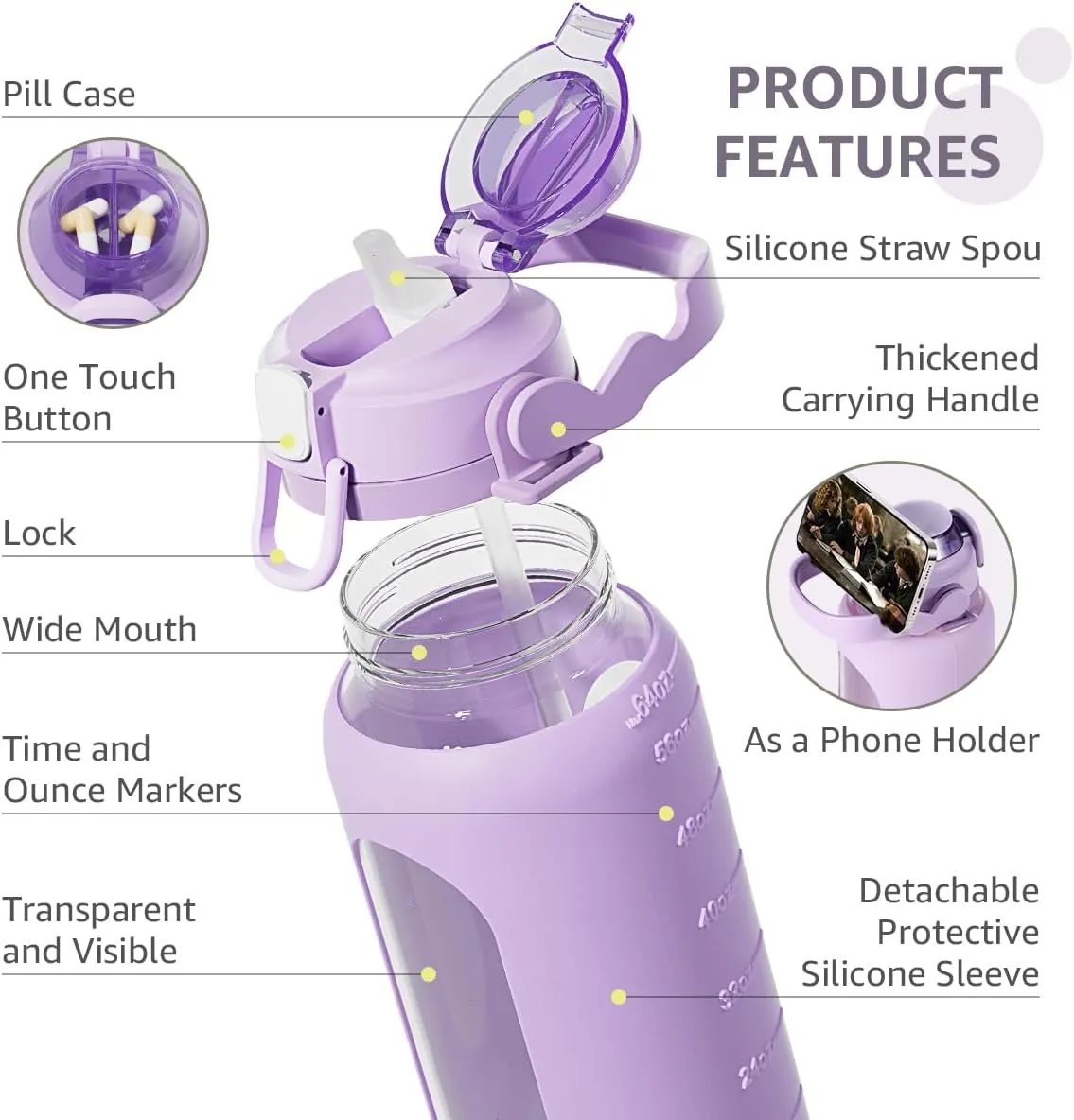 64Oz Glass Water Bottles with Straw Lid and Handle, Half Gallon Water Bottle Glass with Silicone Sleeve and Strap, Motivational Glass Bottle with Time Marker, Large Sport Water Jug (Purple)