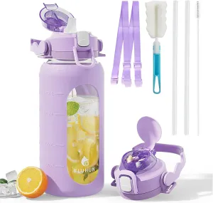 64Oz Glass Water Bottles with Straw Lid and Handle, Half Gallon Water Bottle Glass with Silicone Sleeve and Strap, Motivational Glass Bottle with Time Marker, Large Sport Water Jug (Purple)