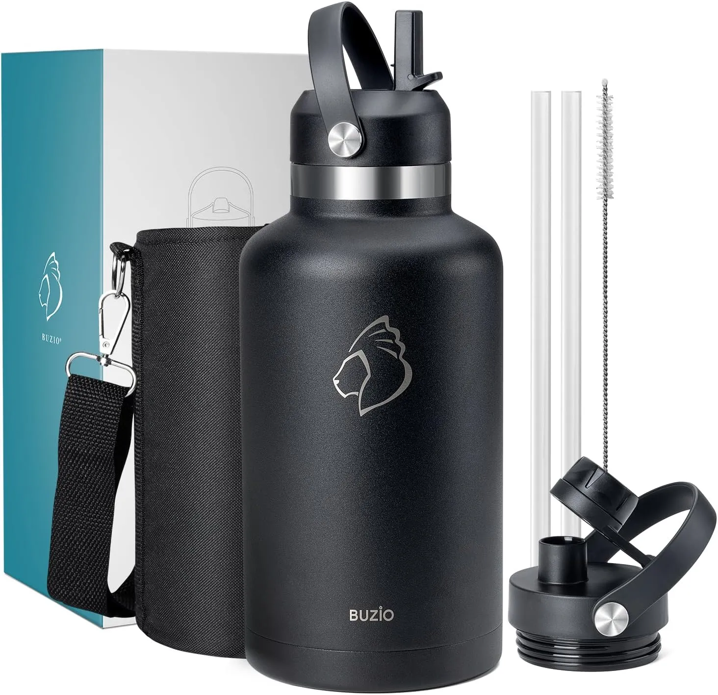 64oz Insulated Water Bottle with Straw Spout Lid, BUZIO Half Gallon Stainless Steel Thermo Flask with Carrying Pouch, Double Wall Vacuum Wide Mouth Leak Proof Tumbler Mug Metal Canteen, Black