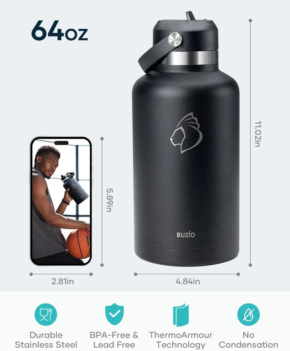 64oz Insulated Water Bottle with Straw Spout Lid, BUZIO Half Gallon Stainless Steel Thermo Flask with Carrying Pouch, Double Wall Vacuum Wide Mouth Leak Proof Tumbler Mug Metal Canteen, Black