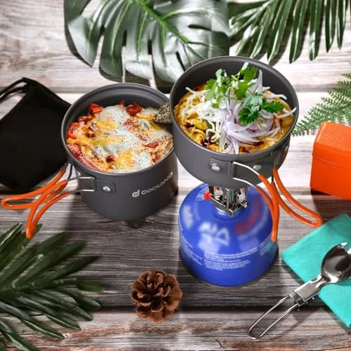 6pcs Camping Cookware Mess Kit w/ Lightweight Pot,Stove,Spork & Carry Mesh Bag