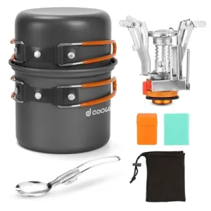 6pcs Camping Cookware Mess Kit w/ Lightweight Pot,Stove,Spork & Carry Mesh Bag