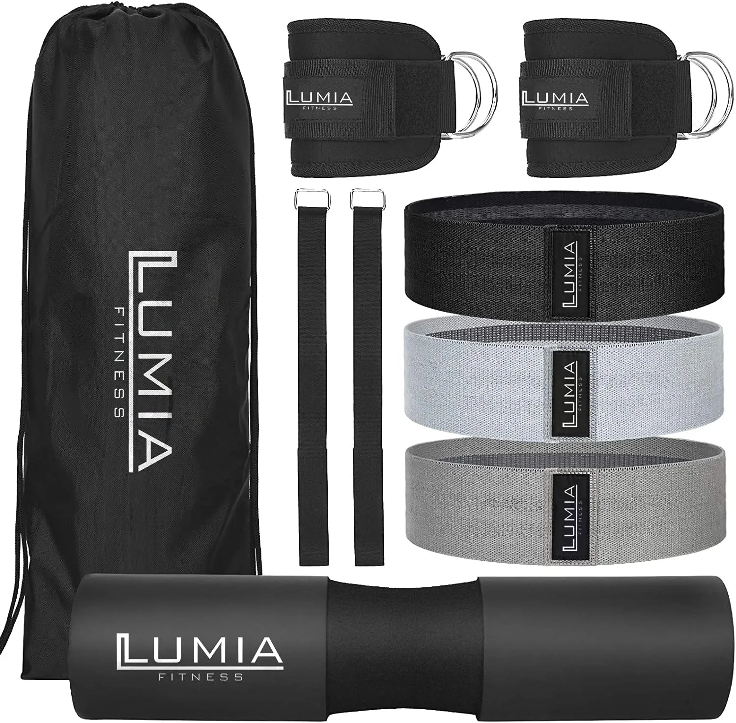 7 Piece Glute Workout Kit, Barbell Squat Pad, 3 Fabric Resistance Bands, 2 Ankle Straps, Carry Bag - Gym Accessories for Men and Women