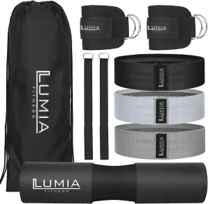 7 Piece Glute Workout Kit, Barbell Squat Pad, 3 Fabric Resistance Bands, 2 Ankle Straps, Carry Bag - Gym Accessories for Men and Women