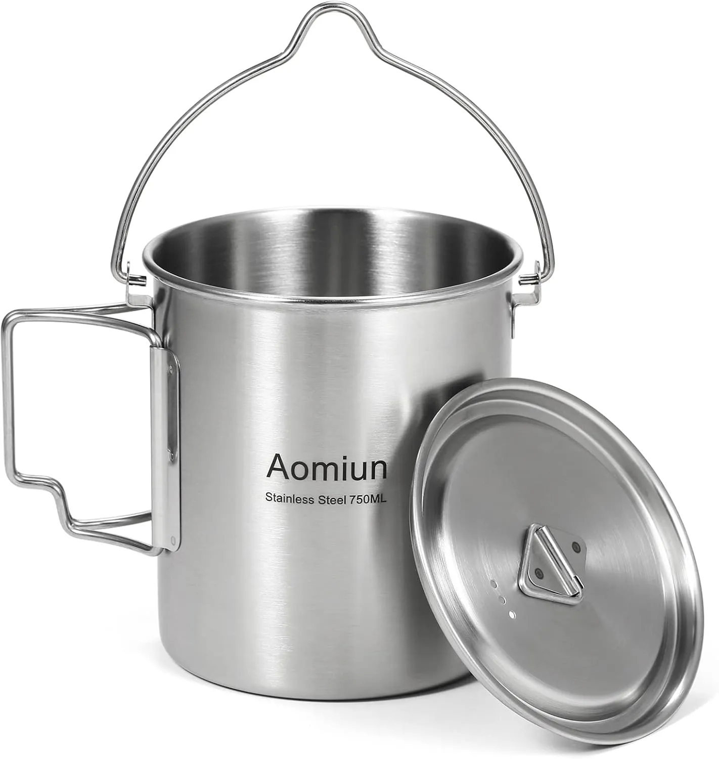 750ml Stainless Steel Pot Portable Water Mug Cup with Lid and Foldable Handle Outdoor Camping Cooking Picnic