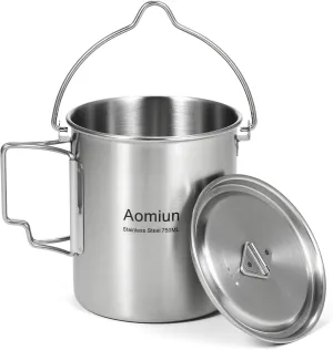 750ml Stainless Steel Pot Portable Water Mug Cup with Lid and Foldable Handle Outdoor Camping Cooking Picnic