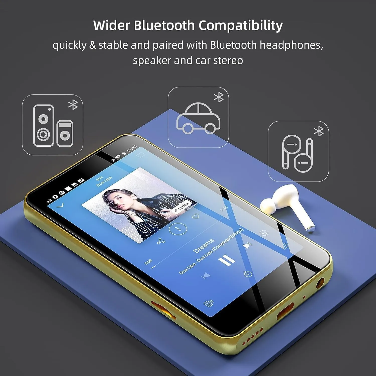 80GB MP3 Player with Bluetooth and WiFi, MP4 MP3 Player with Spotify,Spotify Kids，4" Full Touch Screen with Pandora, Music Player with Audible，Android MP3 with Speaker (Gold_Black)