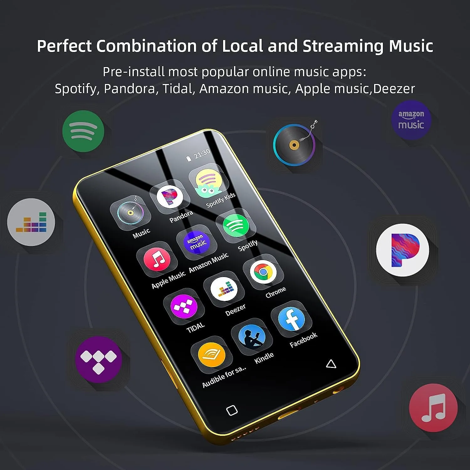 80GB MP3 Player with Bluetooth and WiFi, MP4 MP3 Player with Spotify,Spotify Kids，4" Full Touch Screen with Pandora, Music Player with Audible，Android MP3 with Speaker (Gold_Black)