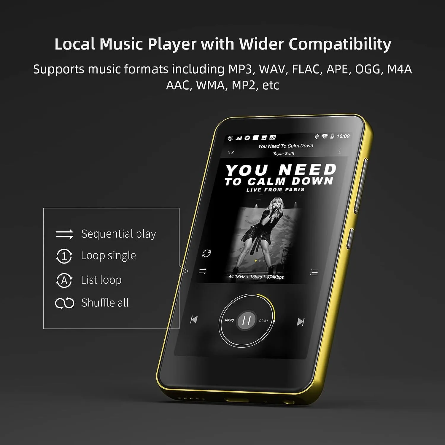 80GB MP3 Player with Bluetooth and WiFi, MP4 MP3 Player with Spotify,Spotify Kids，4" Full Touch Screen with Pandora, Music Player with Audible，Android MP3 with Speaker (Gold_Black)