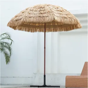 8ft/2.4m Hawaiian Patio Umbrella Outdoor Parasol with Push Button Tilt, Tropical Palapa Raffia Tiki Hut Beach Umbrella With Ruffles, 8 Ribs, Natural Color