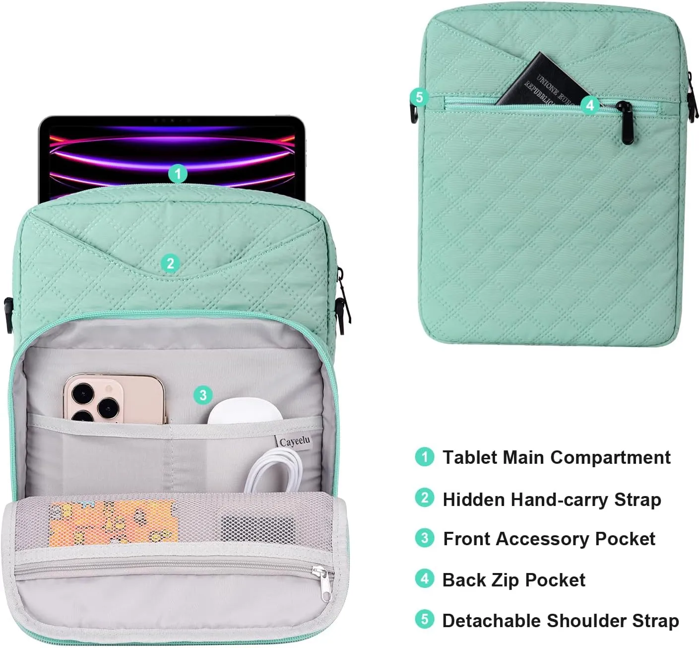 9-11 Inch Tablet Sleeve Bag, Padded Travel Carrying Case for iPad Pro 11-in (M4), iPad 10.9 (10th Gen), iPad Air 11-in (M2), Galaxy Tab S9/S8, with Shoulder Strap (Mint Green)