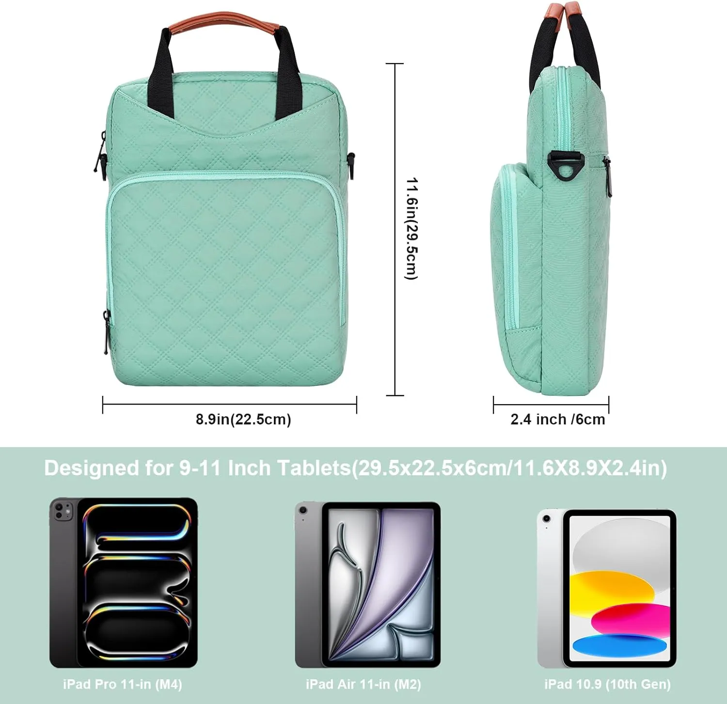 9-11 Inch Tablet Sleeve Bag, Padded Travel Carrying Case for iPad Pro 11-in (M4), iPad 10.9 (10th Gen), iPad Air 11-in (M2), Galaxy Tab S9/S8, with Shoulder Strap (Mint Green)