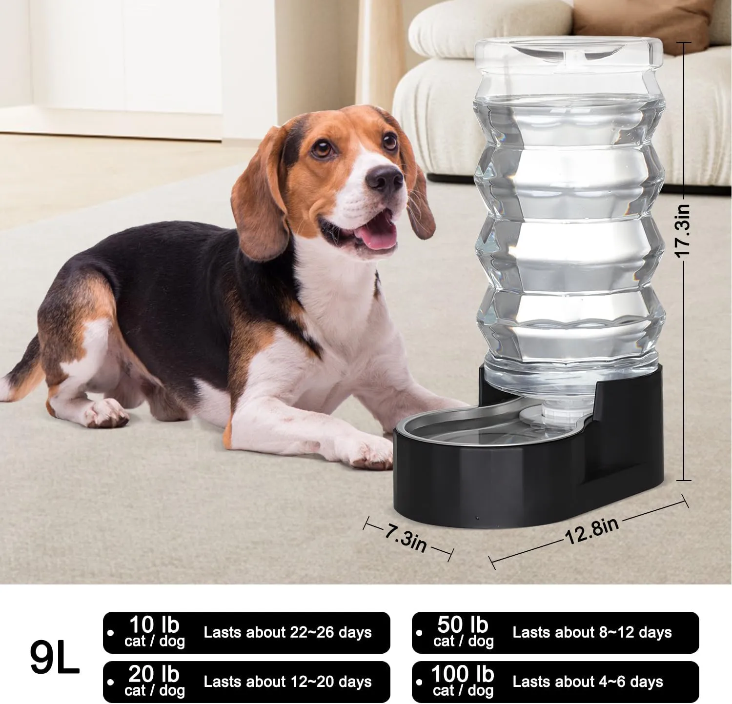 9L Automatic Pet Waterer, 100% BPA Free, Stainless Steel Gravity Feeder, Convenient Drinking Water Dispenser Designed for Dogs and Cats (Black, 9L)