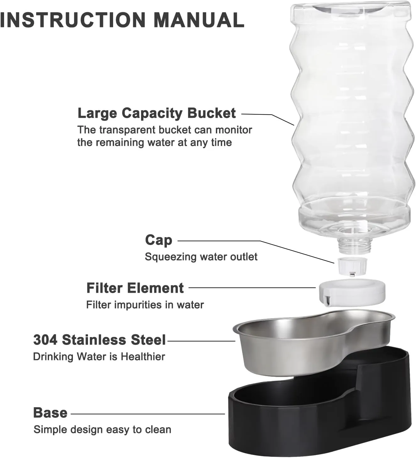 9L Automatic Pet Waterer, 100% BPA Free, Stainless Steel Gravity Feeder, Convenient Drinking Water Dispenser Designed for Dogs and Cats (Black, 9L)