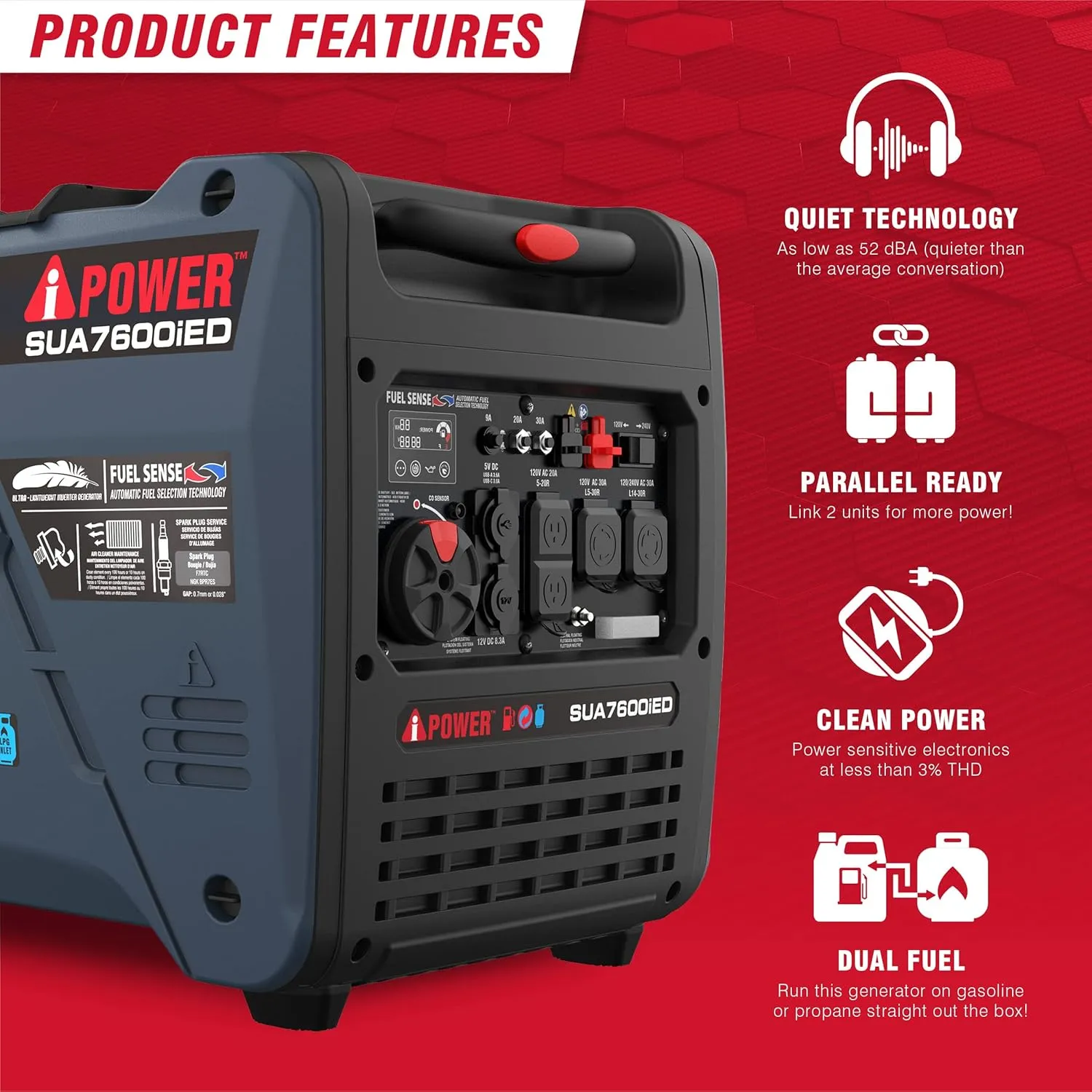 A-iPower 7600W Dual Fuel Portable Inverter Generator, Electric Start RV Ready, EPA & CARB Compliant CO Sensor, With Telescopic Handle For Backup Home Use, Tailgating & Camping (SUA7600iED)