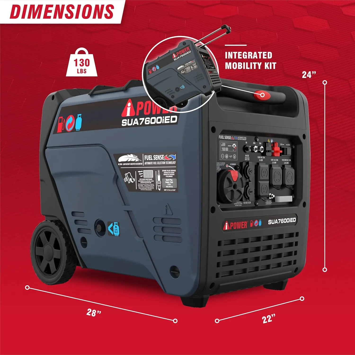 A-iPower 7600W Dual Fuel Portable Inverter Generator, Electric Start RV Ready, EPA & CARB Compliant CO Sensor, With Telescopic Handle For Backup Home Use, Tailgating & Camping (SUA7600iED)