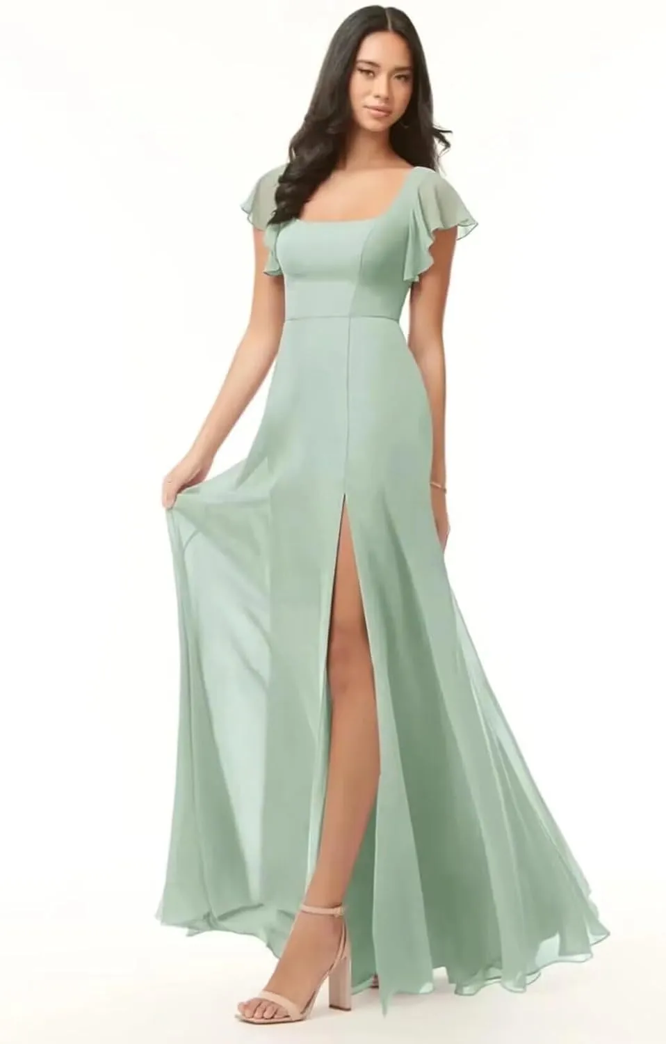 A-line Ruffles Chiffon Bridesmaid Dress for Women, Square Neck Prom Dresses Short Sleeves Formal Dress