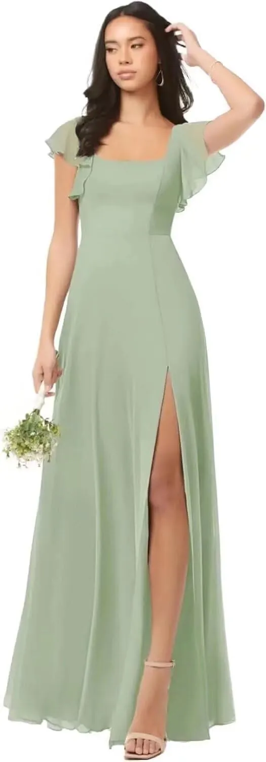 A-line Ruffles Chiffon Bridesmaid Dress for Women, Square Neck Prom Dresses Short Sleeves Formal Dress