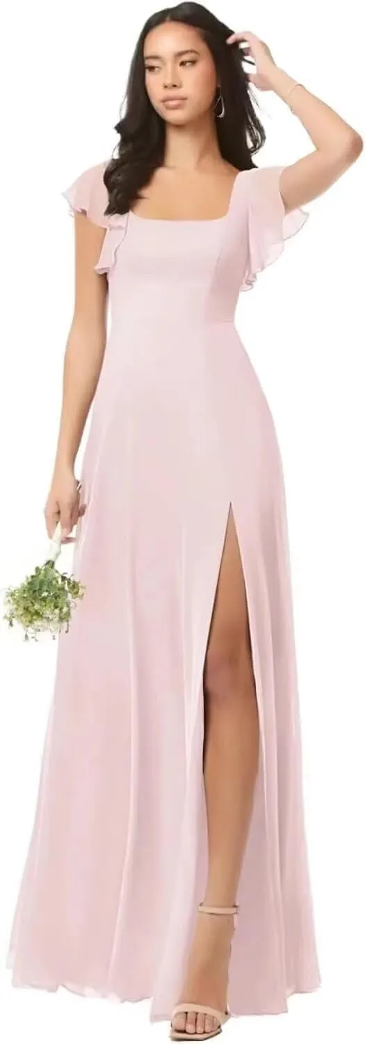 A-line Ruffles Chiffon Bridesmaid Dress for Women, Square Neck Prom Dresses Short Sleeves Formal Dress