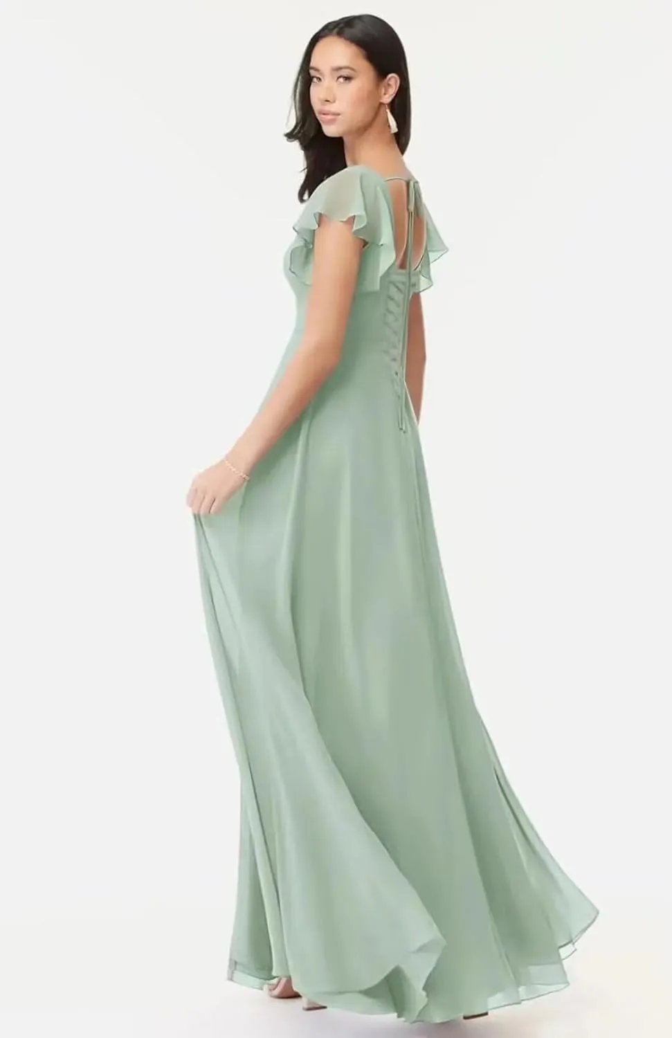 A-line Ruffles Chiffon Bridesmaid Dress for Women, Square Neck Prom Dresses Short Sleeves Formal Dress