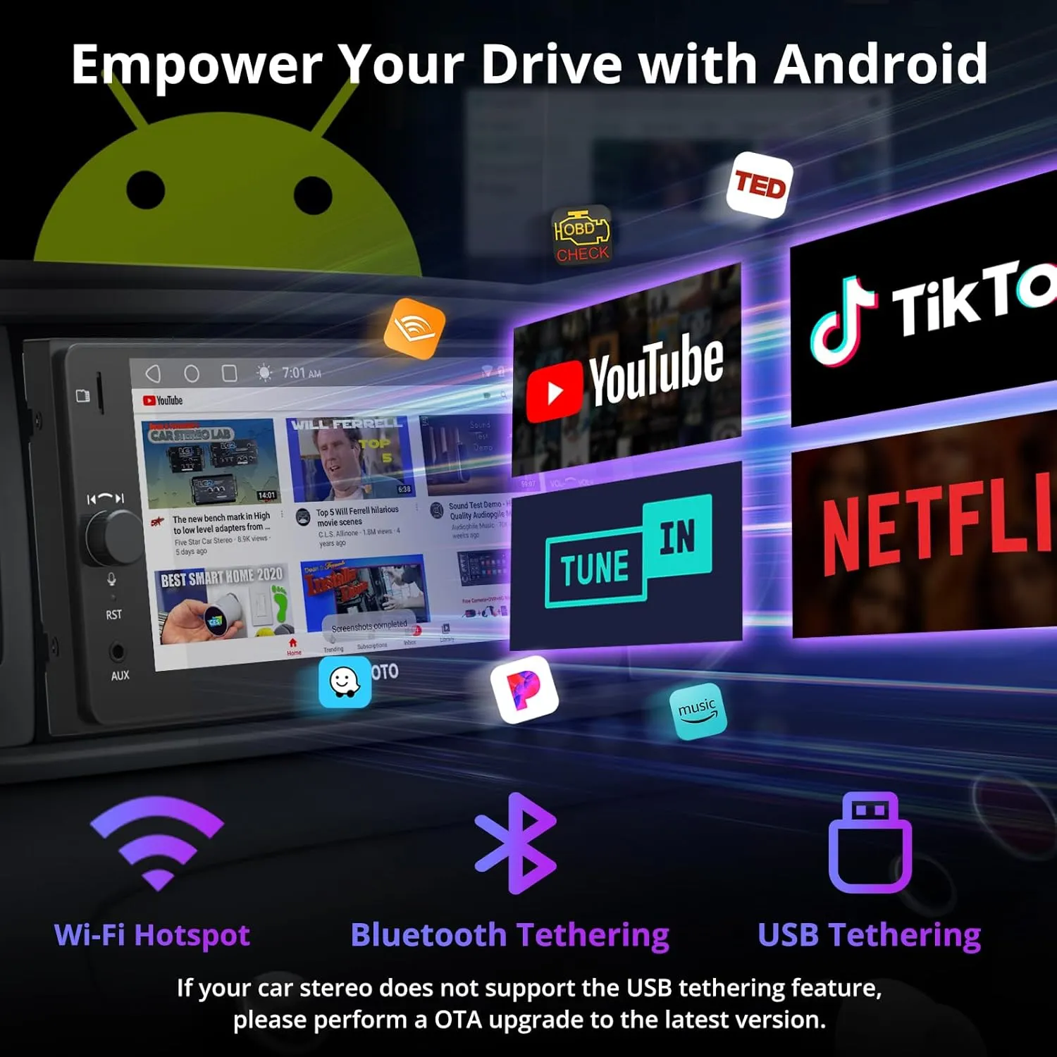A5L 7" Double Din Car Stereo with Wireless CarPlay & Android Auto Compatible with Toyota, Touchscreen car Radio, Wi-Fi/BT Tethering, 24 Band EQ DSP, Bluetooth, Mirror Link,FM/AUX/TF