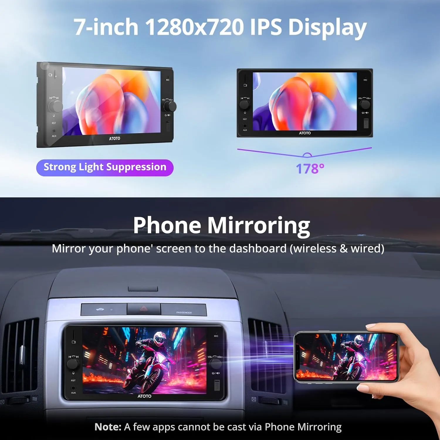 A5L 7" Double Din Car Stereo with Wireless CarPlay & Android Auto Compatible with Toyota, Touchscreen car Radio, Wi-Fi/BT Tethering, 24 Band EQ DSP, Bluetooth, Mirror Link,FM/AUX/TF