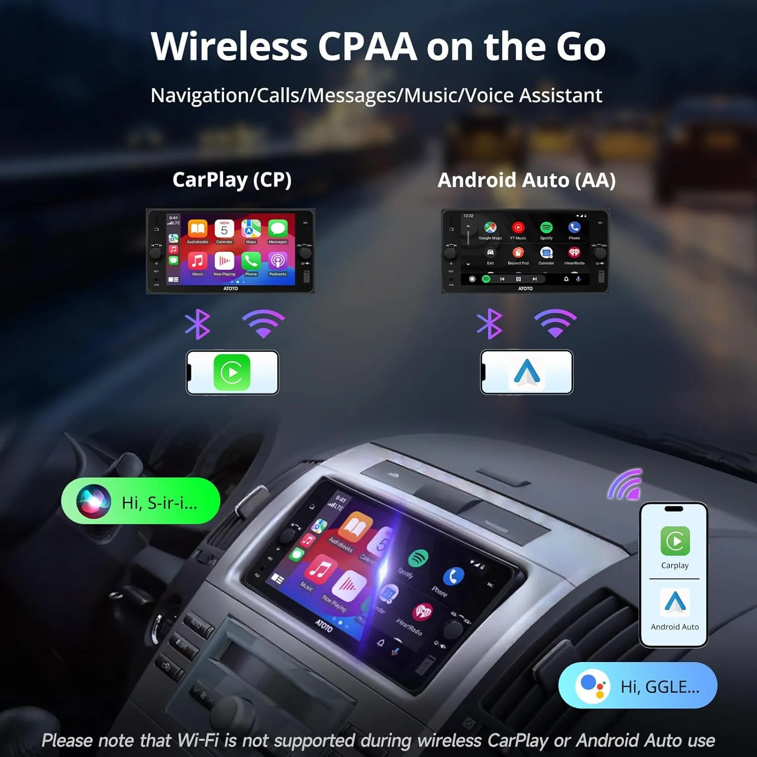 A5L 7" Double Din Car Stereo with Wireless CarPlay & Android Auto Compatible with Toyota, Touchscreen car Radio, Wi-Fi/BT Tethering, 24 Band EQ DSP, Bluetooth, Mirror Link,FM/AUX/TF