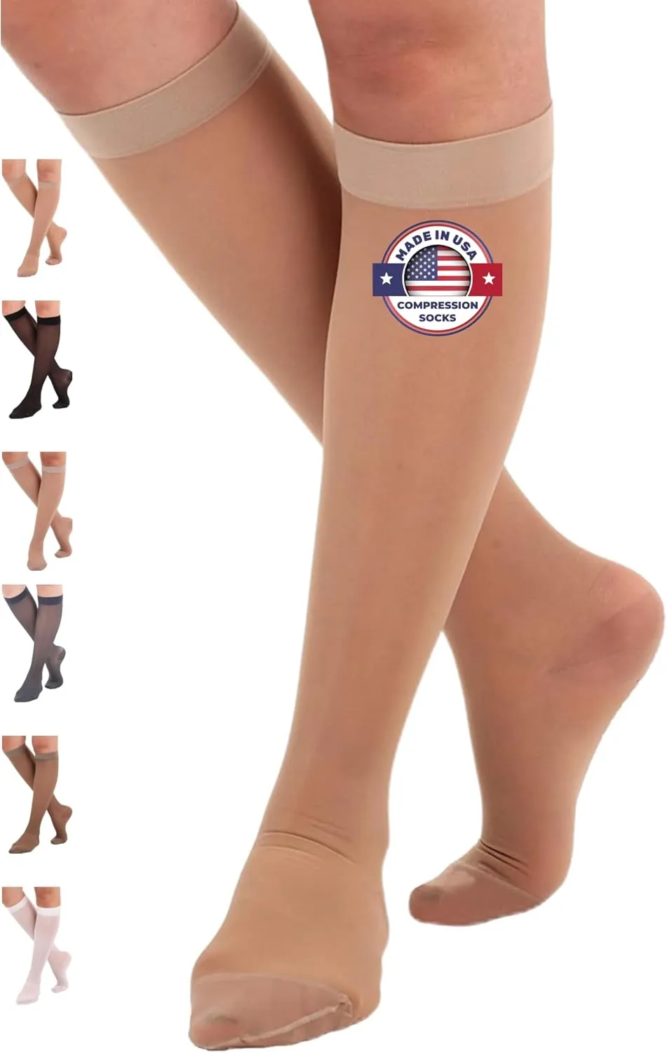 ABSOLUTE SUPPORT Made in USA - Sheer Compression Socks for Women 15-20 mmHg - Support Hose Knee High Stockings - A101