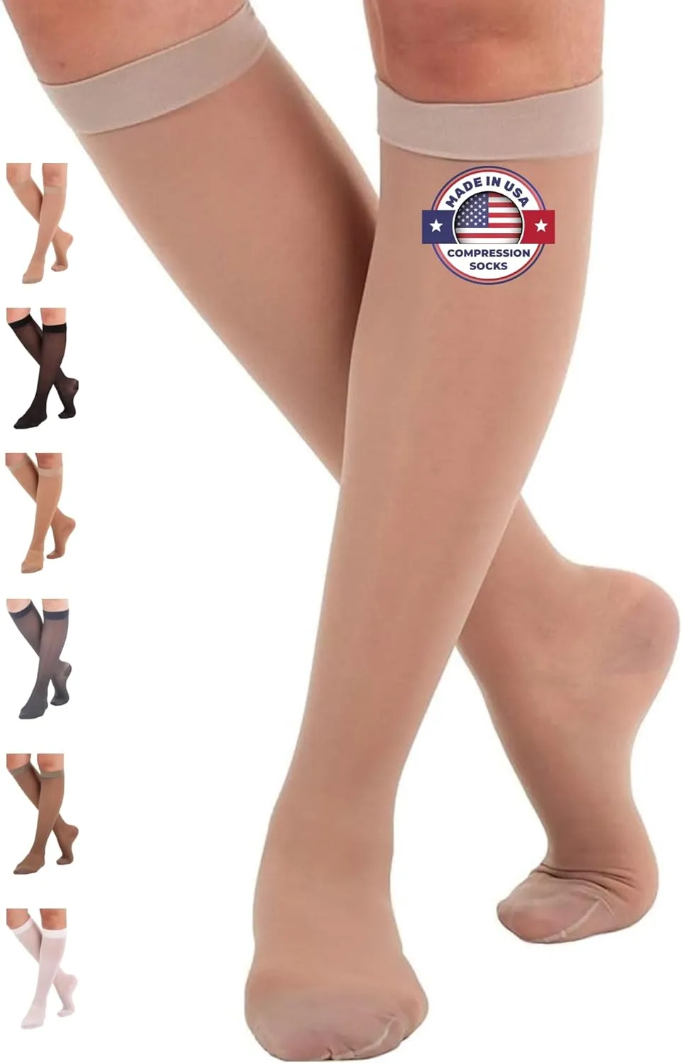 ABSOLUTE SUPPORT Made in USA - Sheer Compression Socks for Women 15-20 mmHg - Support Hose Knee High Stockings - A101