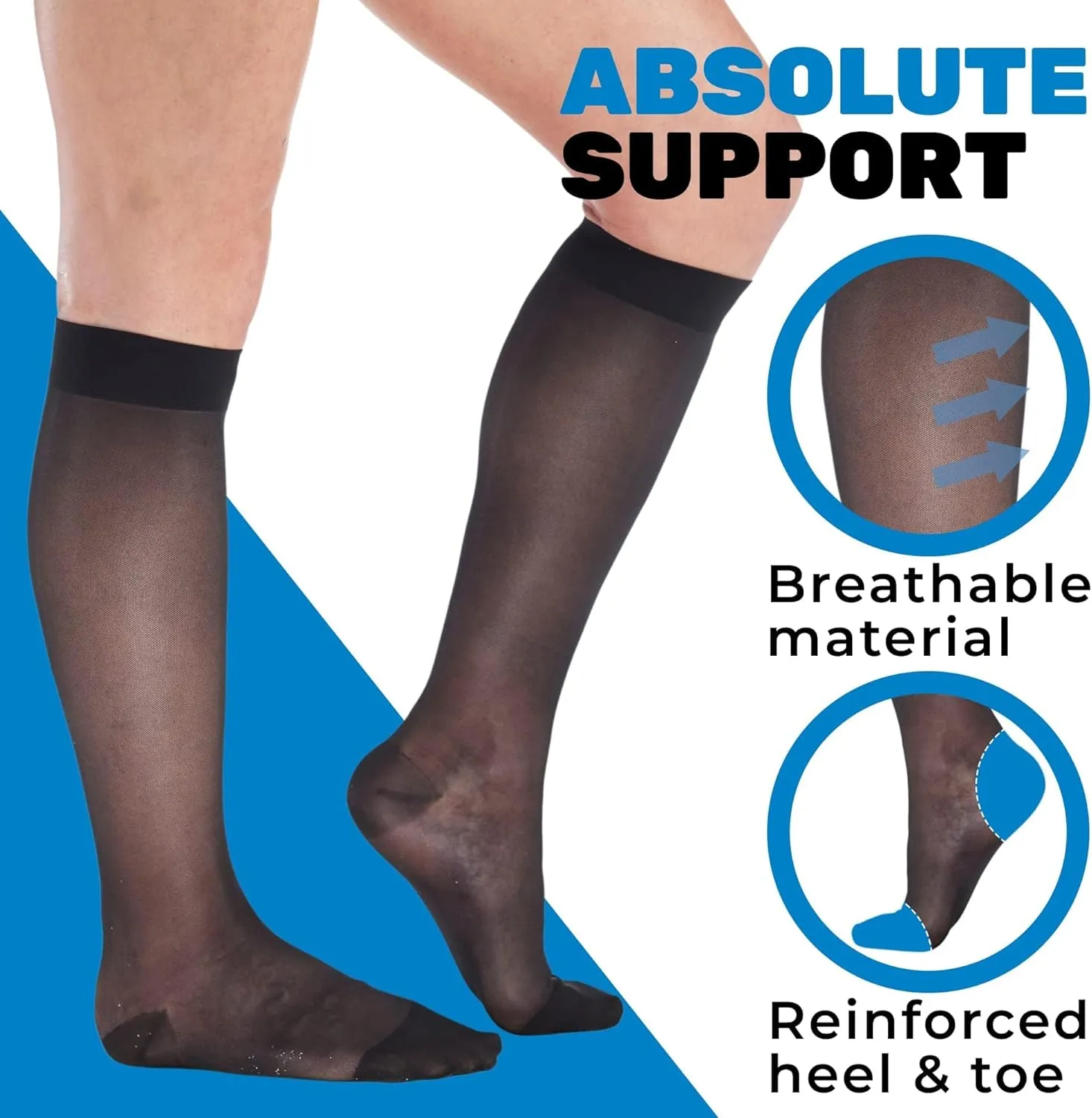 ABSOLUTE SUPPORT Made in USA - Sheer Compression Socks for Women 15-20 mmHg - Support Hose Knee High Stockings - A101
