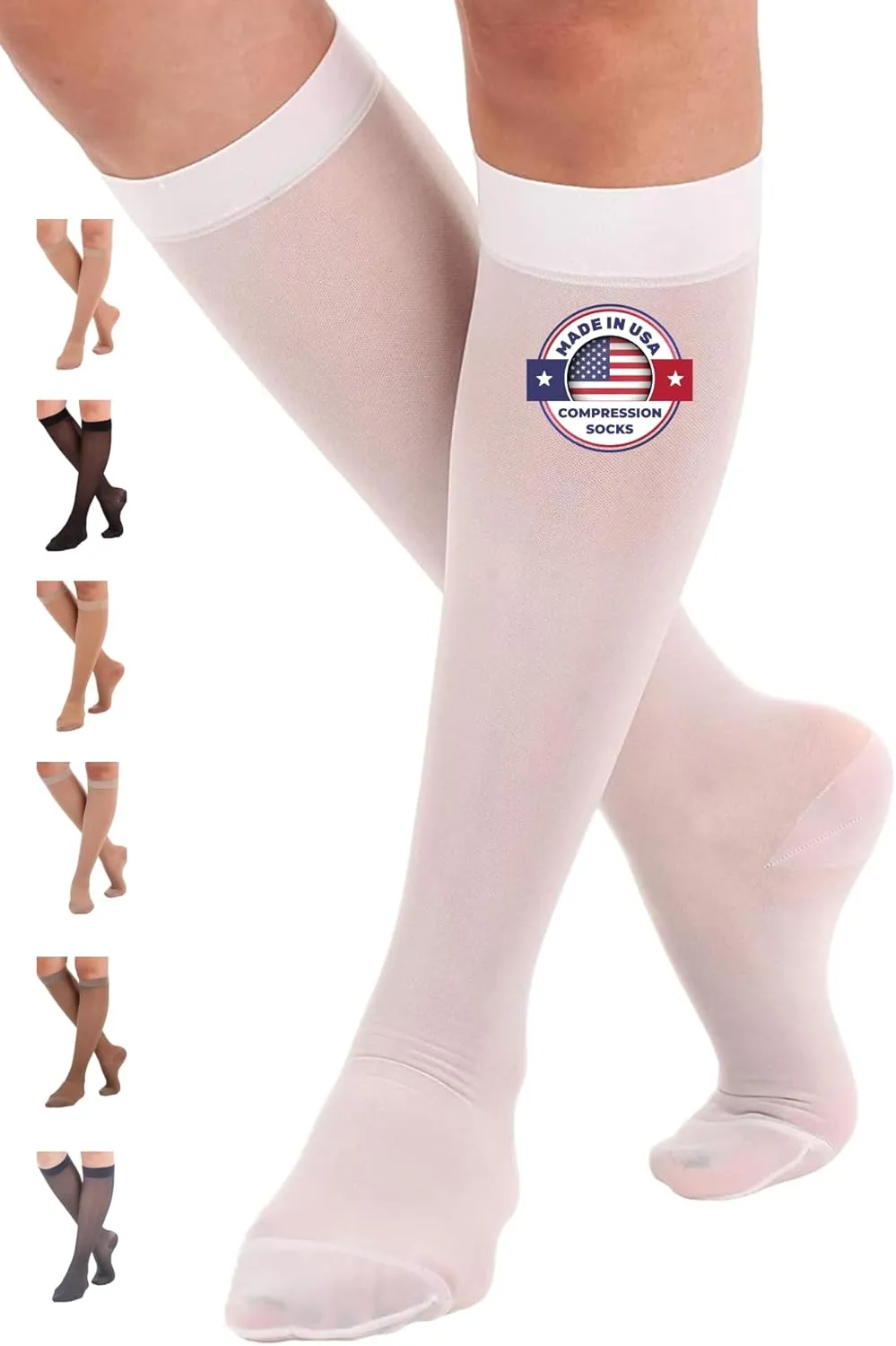 ABSOLUTE SUPPORT Made in USA - Sheer Compression Socks for Women 15-20 mmHg - Support Hose Knee High Stockings - A101