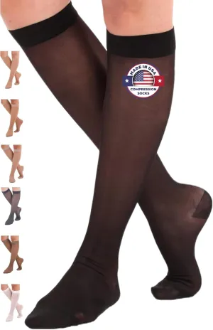 ABSOLUTE SUPPORT Made in USA - Sheer Compression Socks for Women 15-20 mmHg - Support Hose Knee High Stockings - A101