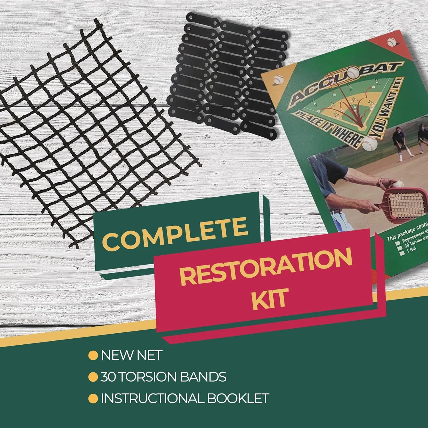 Accubat Fungo Racket Replacement Kit with Instructions - Complete Baseball Racquet Restoration Set with Net & 30 Torsion Bands - USA-Made Parts