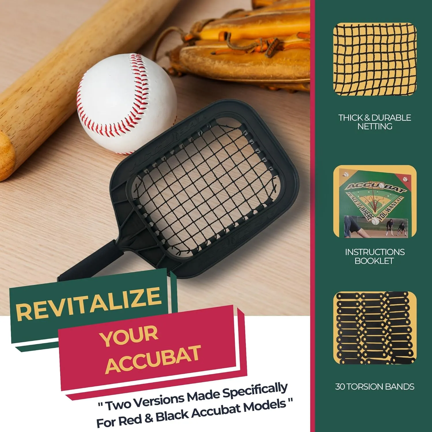 Accubat Fungo Racket Replacement Kit with Instructions - Complete Baseball Racquet Restoration Set with Net & 30 Torsion Bands - USA-Made Parts