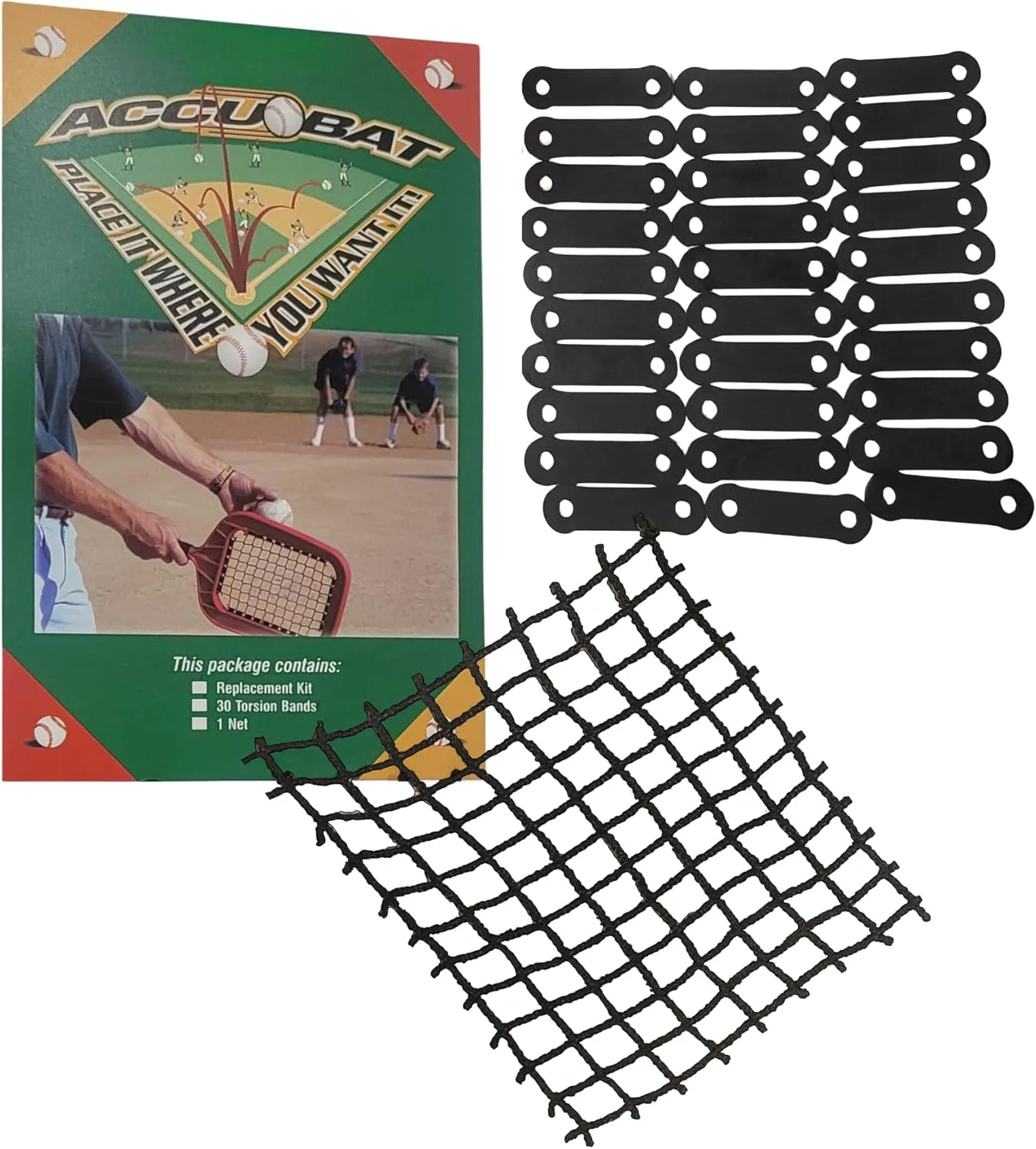Accubat Fungo Racket Replacement Kit with Instructions - Complete Baseball Racquet Restoration Set with Net & 30 Torsion Bands - USA-Made Parts