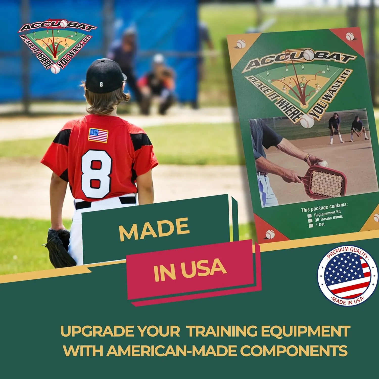 Accubat Fungo Racket Replacement Kit with Instructions - Complete Baseball Racquet Restoration Set with Net & 30 Torsion Bands - USA-Made Parts