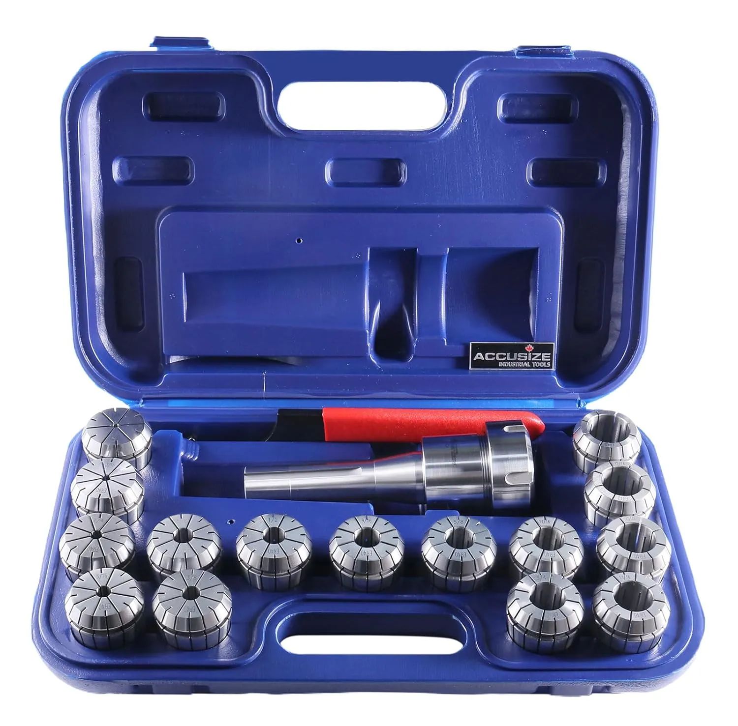 Accusize Industrial Tools - 15 Pc ER40 Precision Collet Set with R8 Bridgeport Shank Holder & Wrench, High Accuracy Tooling for Milling & Drilling, in Fitted Box, 0223-0984