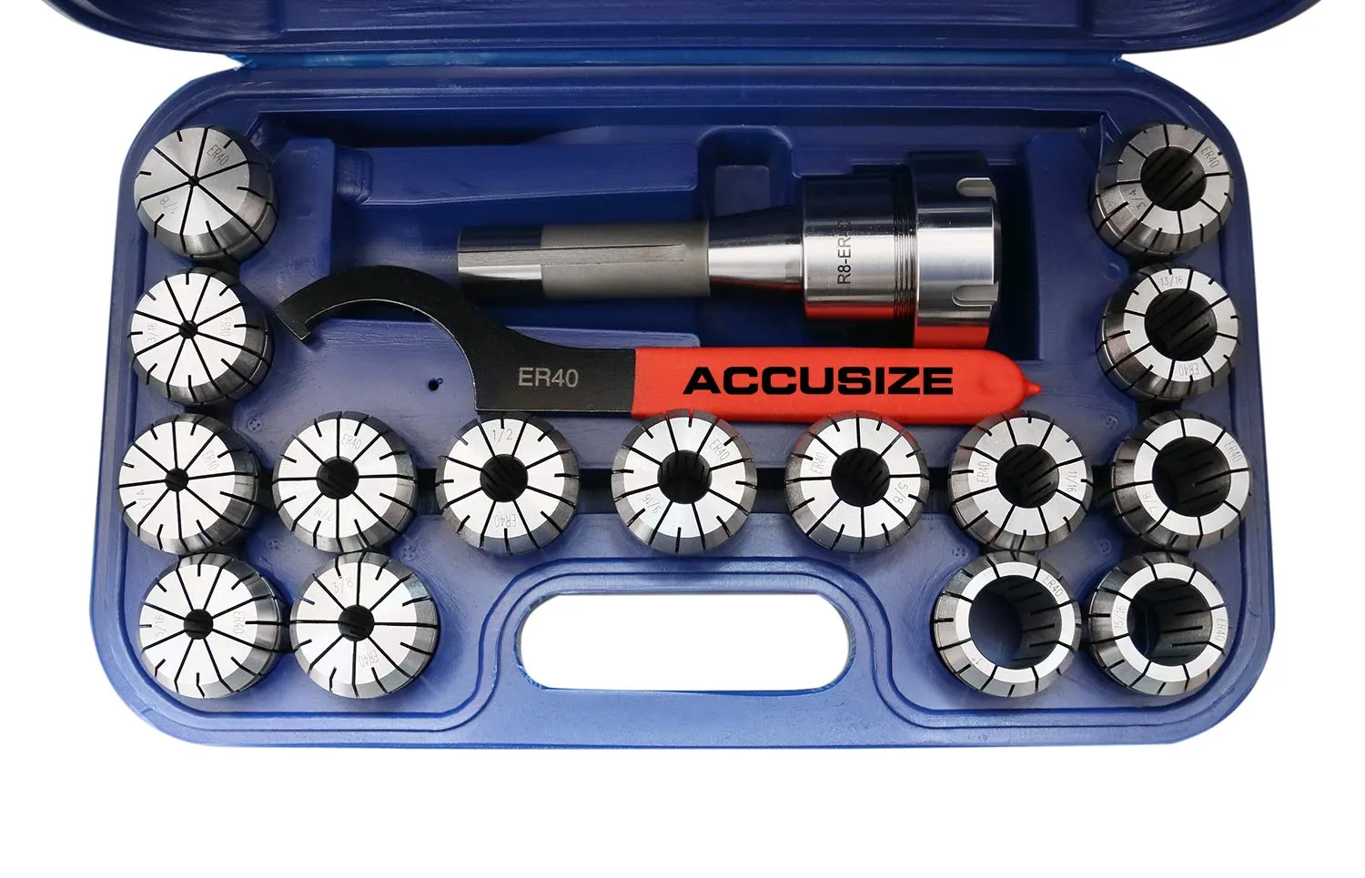 Accusize Industrial Tools - 15 Pc ER40 Precision Collet Set with R8 Bridgeport Shank Holder & Wrench, High Accuracy Tooling for Milling & Drilling, in Fitted Box, 0223-0984