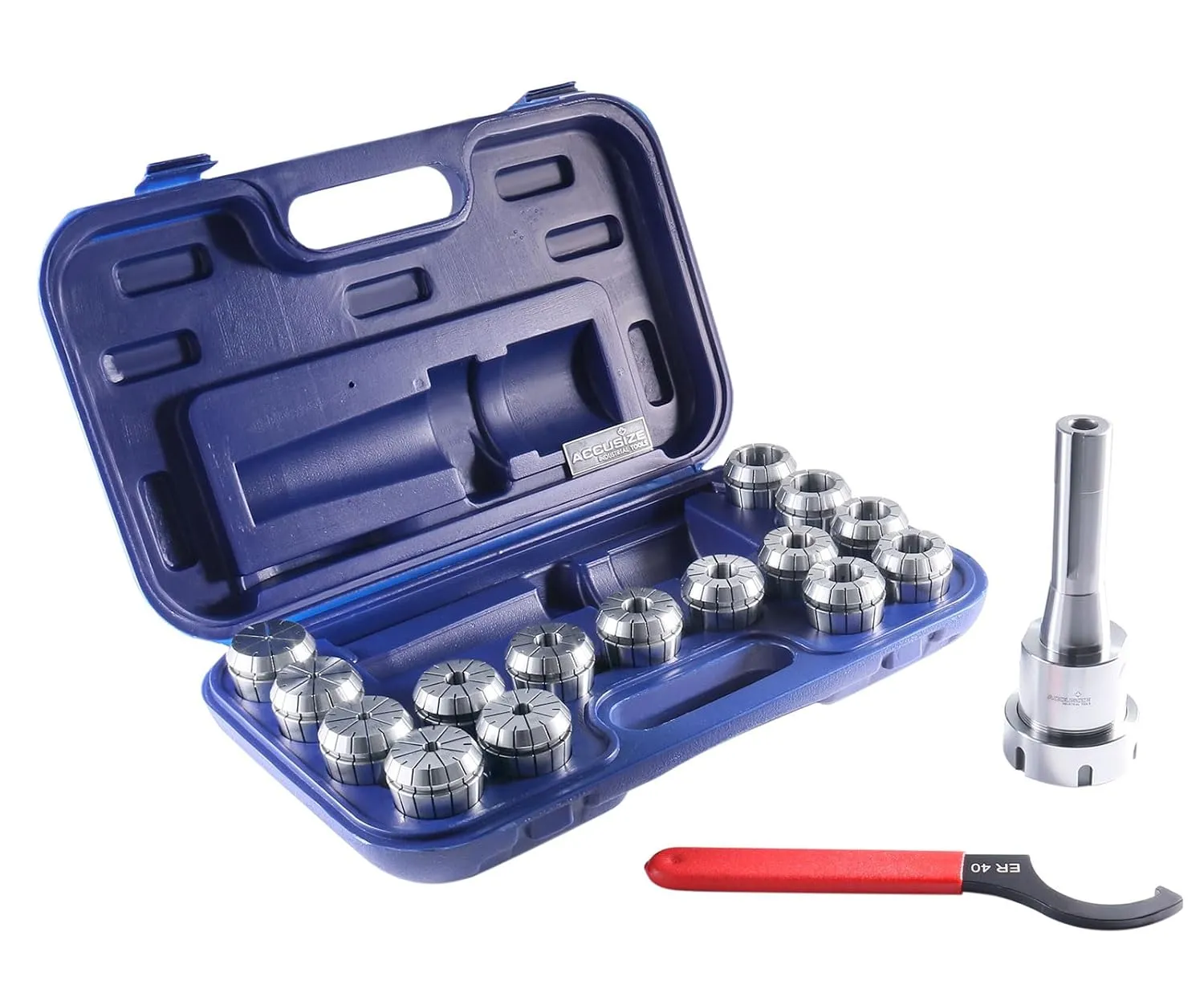Accusize Industrial Tools - 15 Pc ER40 Precision Collet Set with R8 Bridgeport Shank Holder & Wrench, High Accuracy Tooling for Milling & Drilling, in Fitted Box, 0223-0984