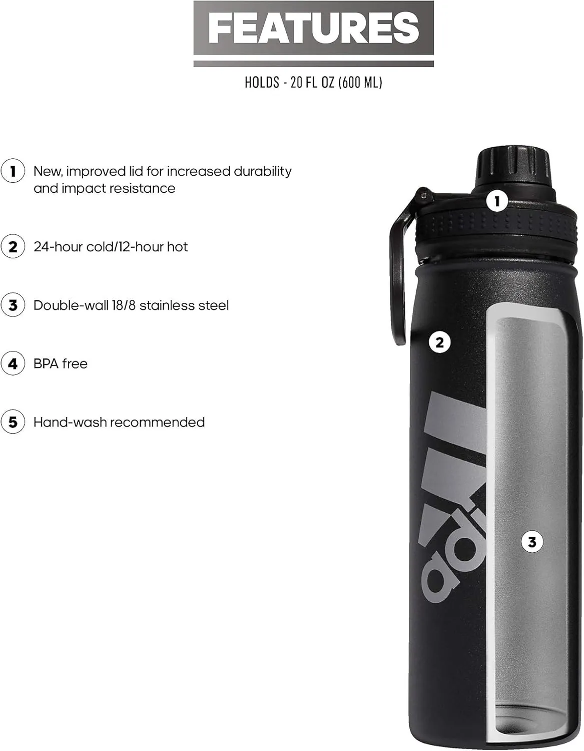 adidas 20 oz Stainless Steel Water Bottle, Insulated Double-Walled 18/8 Metal, Men, Women, Girls and Boys