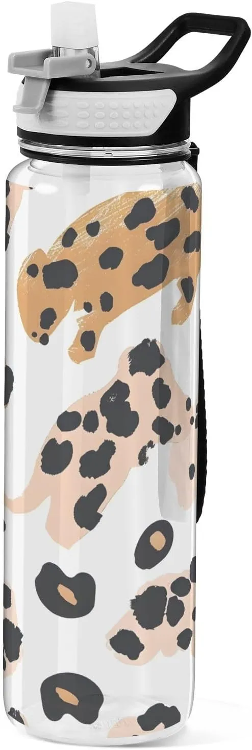 ALAZA Leopard Print White Sport Water Bottle with Straw Lid 32 oz Clear Bottle BPA Free Tritan Plastic Leakproof Jugs Large Flip Top for Kids Boys Girls