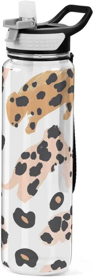 ALAZA Leopard Print White Sport Water Bottle with Straw Lid 32 oz Clear Bottle BPA Free Tritan Plastic Leakproof Jugs Large Flip Top for Kids Boys Girls