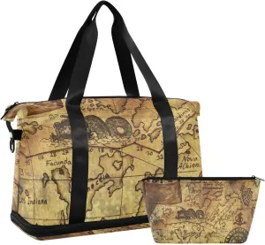 ALAZA Vintage Retro Old Map Compass Gym Bag Sports Duffel Bag with Shoes Compartment, Overnight Weekender Travel Tote Bag for Women Men Trip College