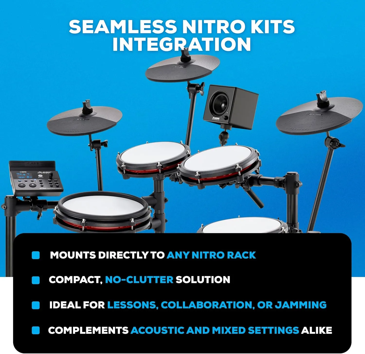 Alesis Nitro Amp 70W 3" Compact Electric Drum Monitor Speaker for Practice and Lessons, Rack-Mountable with Clamps Included