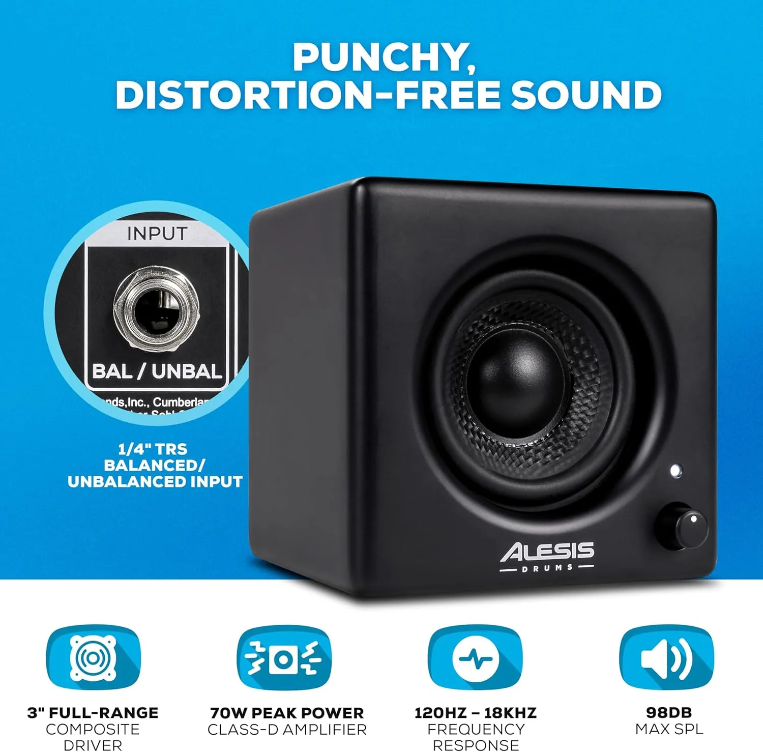 Alesis Nitro Amp 70W 3" Compact Electric Drum Monitor Speaker for Practice and Lessons, Rack-Mountable with Clamps Included