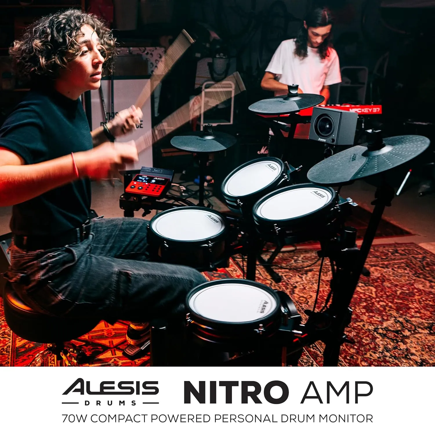 Alesis Nitro Amp 70W 3" Compact Electric Drum Monitor Speaker for Practice and Lessons, Rack-Mountable with Clamps Included