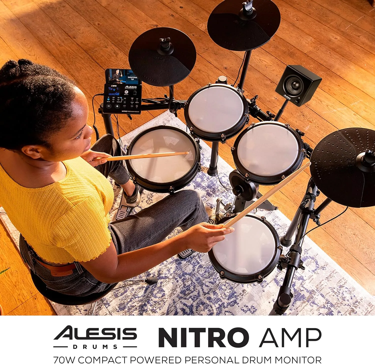 Alesis Nitro Amp 70W 3" Compact Electric Drum Monitor Speaker for Practice and Lessons, Rack-Mountable with Clamps Included