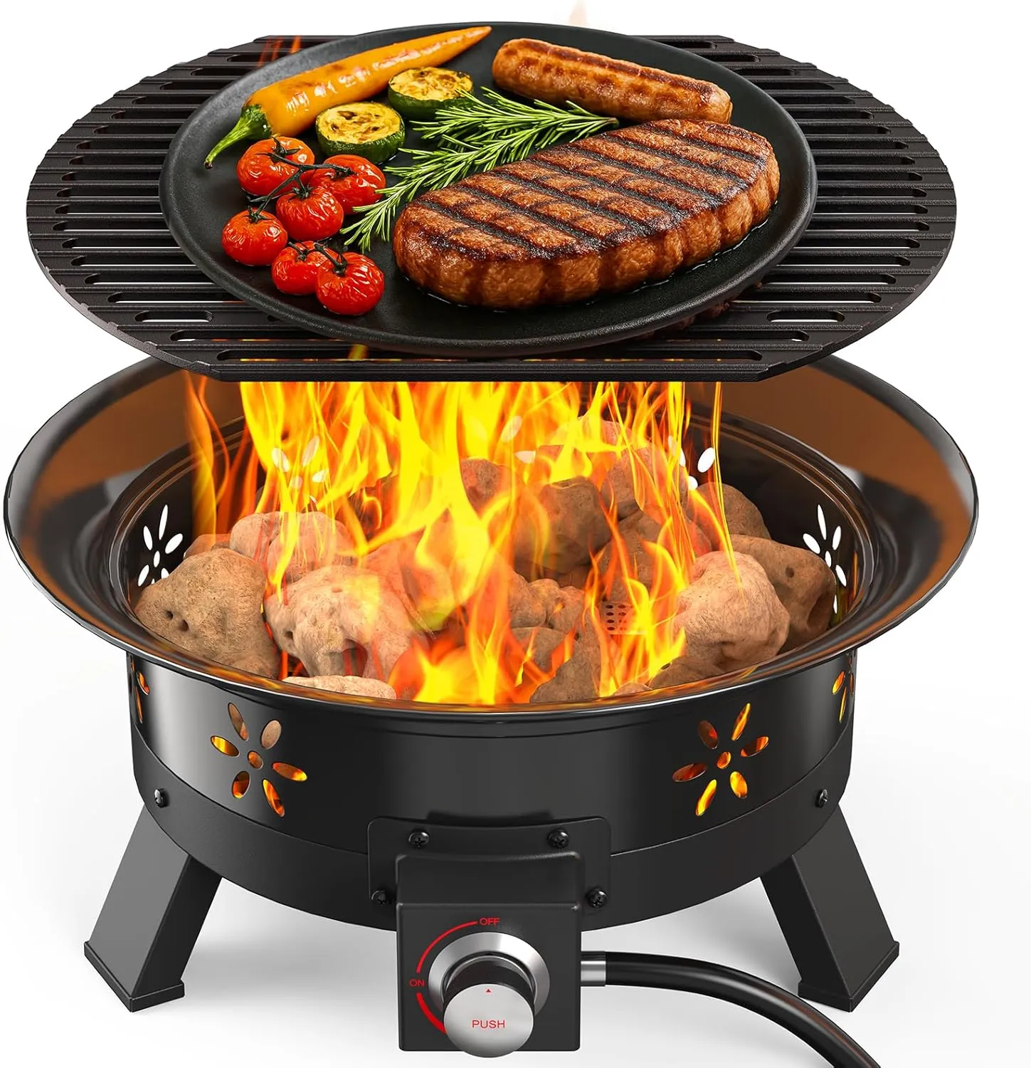 AMADA HOMEFURNISHING 24″ Propane Fire Pit with Grill Grate, 58,000 BTU, Folding Legs, Propane Tank Holder, Cover, and Carry Strap, No Ignition Needed, Easy Flame Adjustment, CSA-Certified, Portable