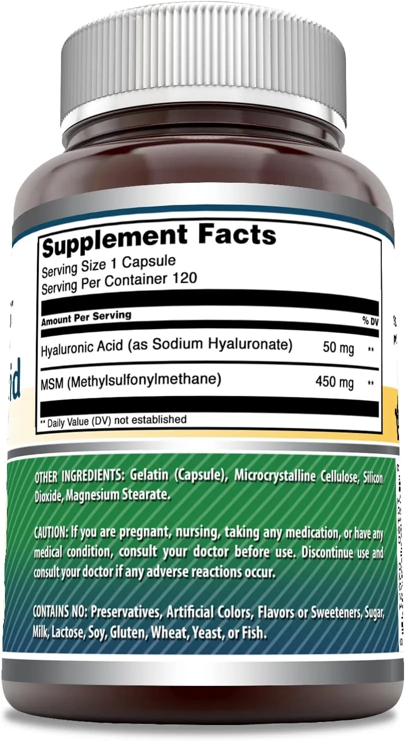 Amazing Formulas Hyaluronic Acid & MSM Supplement | 500 Mg | 120 Capsules | Non-GMO | Gluten-Free | Made in USA